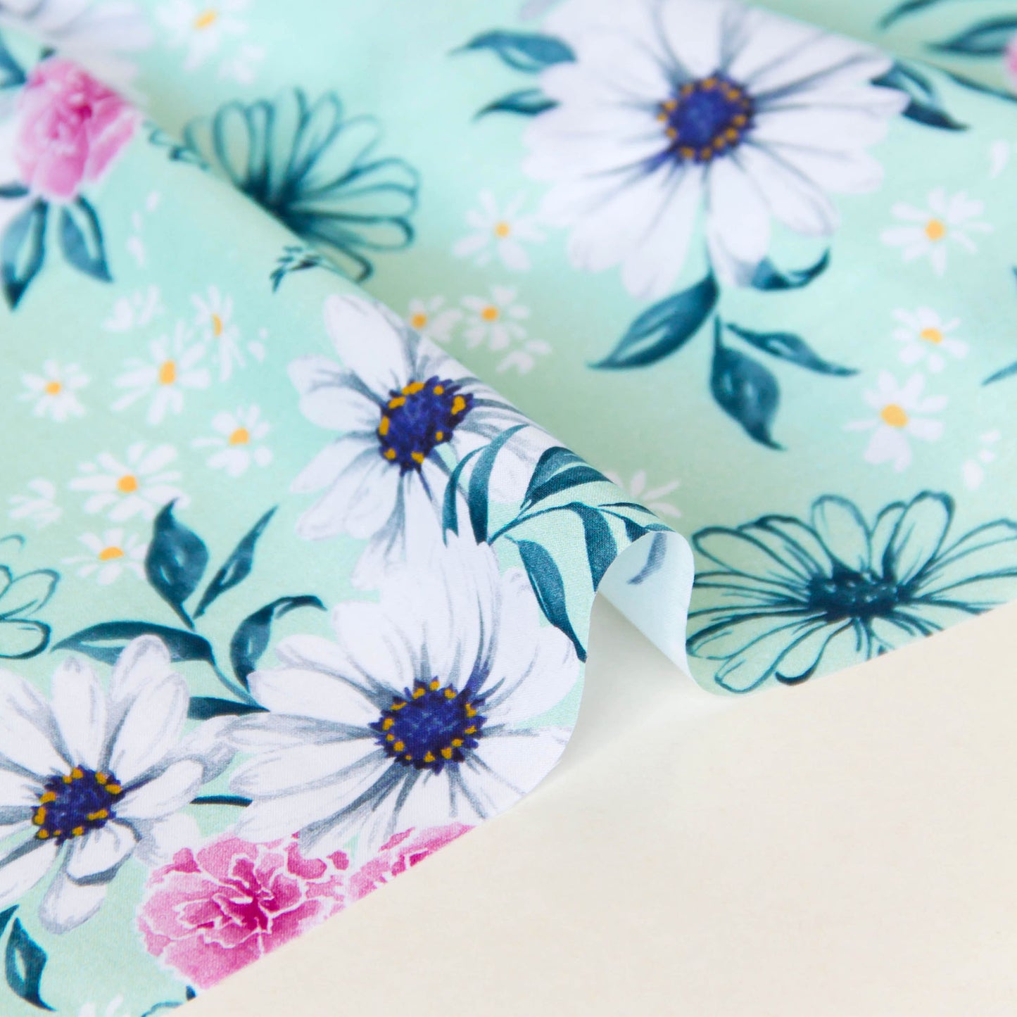 Cotton Lawn Lightweight Fabric Daisy & Rose Floral Mint by the Yard