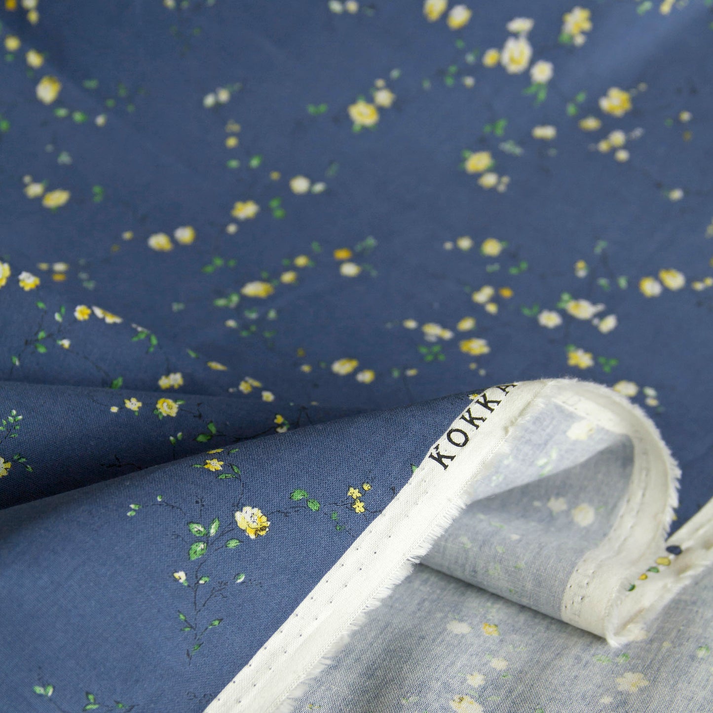Lightweight Cotton Linen Fabric Kokka Vintage Floral Deep Blue by the Yard