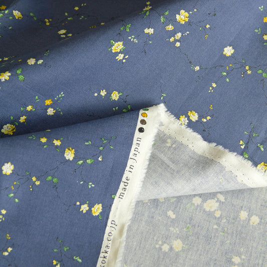 Lightweight Cotton Linen Fabric Kokka Vintage Floral Deep Blue by the Yard