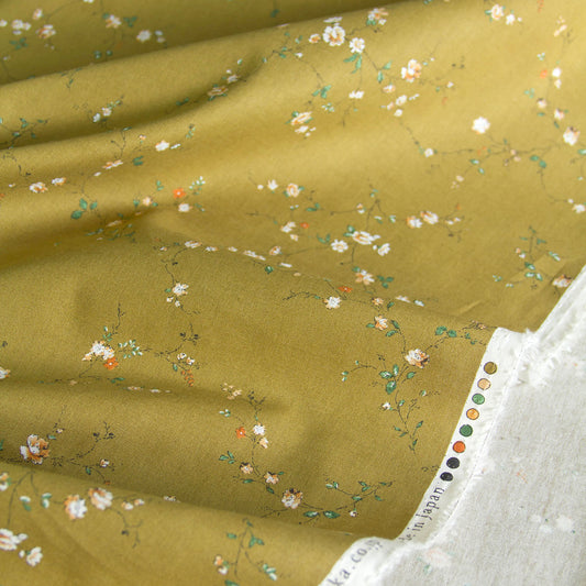 Lightweight Cotton Linen Fabric Kokka Vintage Floral Mustard Olive by the Yard