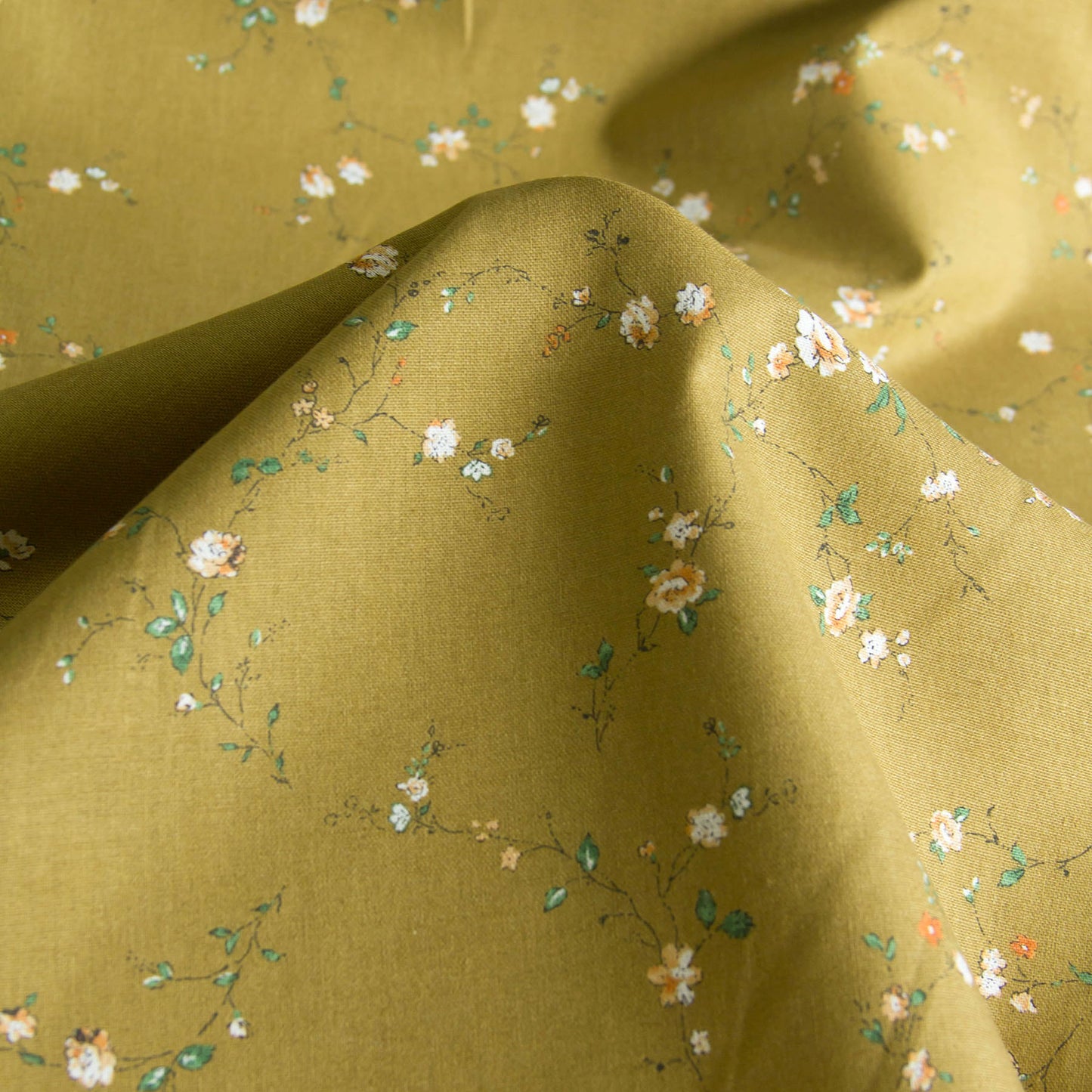 Lightweight Cotton Linen Fabric Kokka Vintage Floral Mustard Olive by the Yard