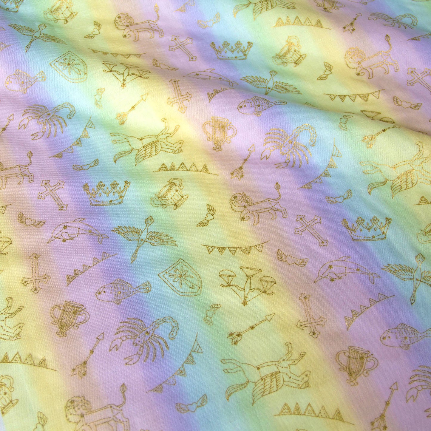 Soft Pastel Rainbow Cotton Double Gauze Fabric with Gold Foil Zodiac Constellation Print by the Yard
