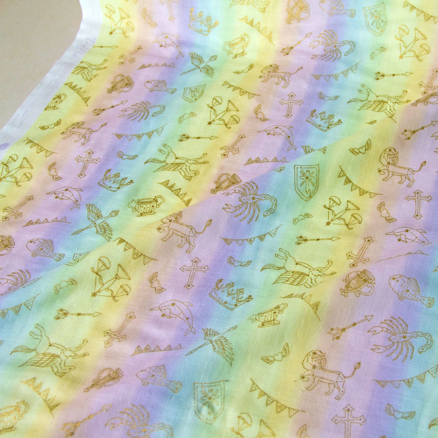Soft Pastel Rainbow Cotton Double Gauze Fabric with Gold Foil Zodiac Constellation Print by the Yard