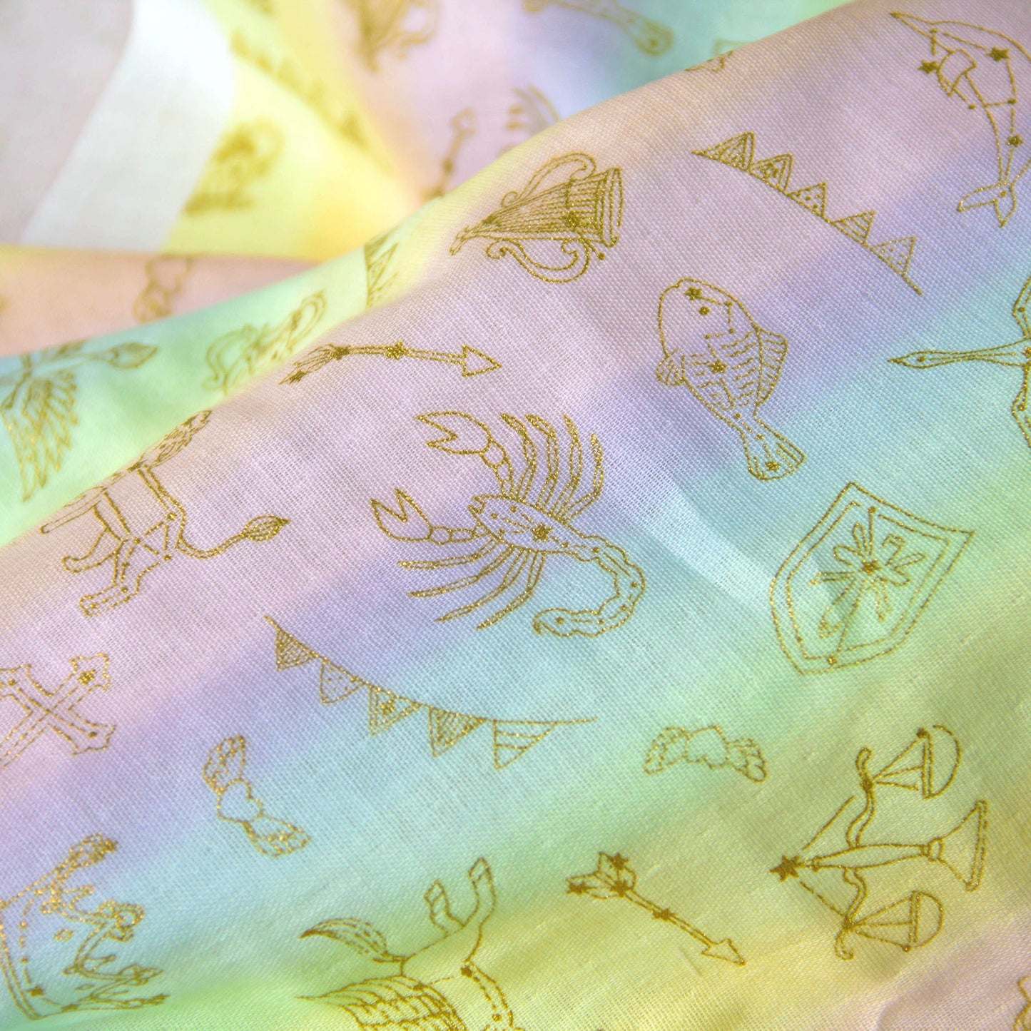 Soft Pastel Rainbow Cotton Double Gauze Fabric with Gold Foil Zodiac Constellation Print by the Yard