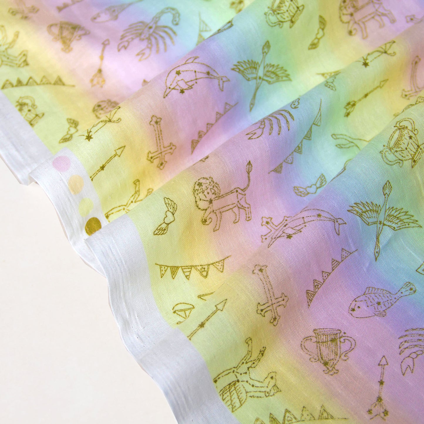 Soft Pastel Rainbow Cotton Double Gauze Fabric with Gold Foil Zodiac Constellation Print by the Yard