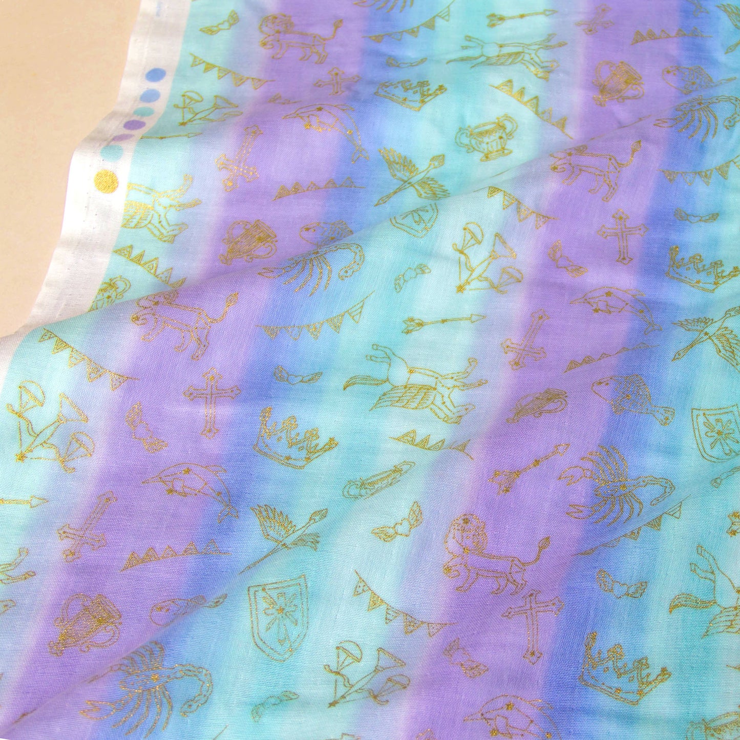 Soft Pastel Rainbow Cotton Double Gauze Fabric with Gold Foil Zodiac Constellation Print by the Yard
