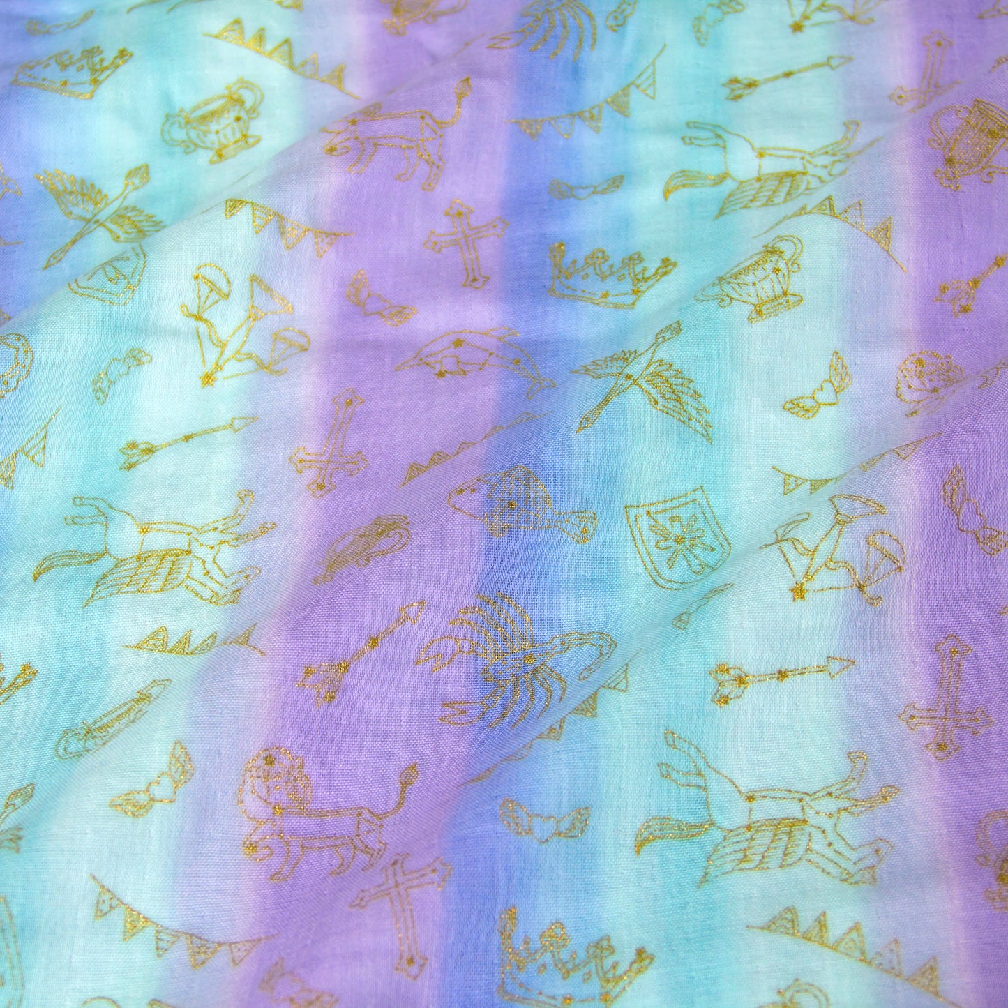 Soft Pastel Rainbow Cotton Double Gauze Fabric with Gold Foil Zodiac Constellation Print by the Yard