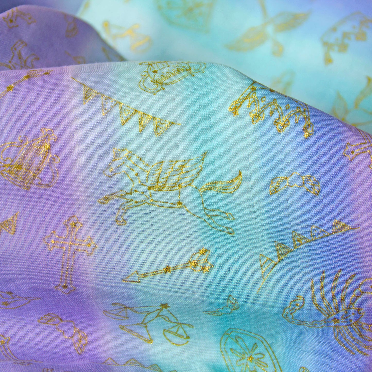 Soft Pastel Rainbow Cotton Double Gauze Fabric with Gold Foil Zodiac Constellation Print by the Yard
