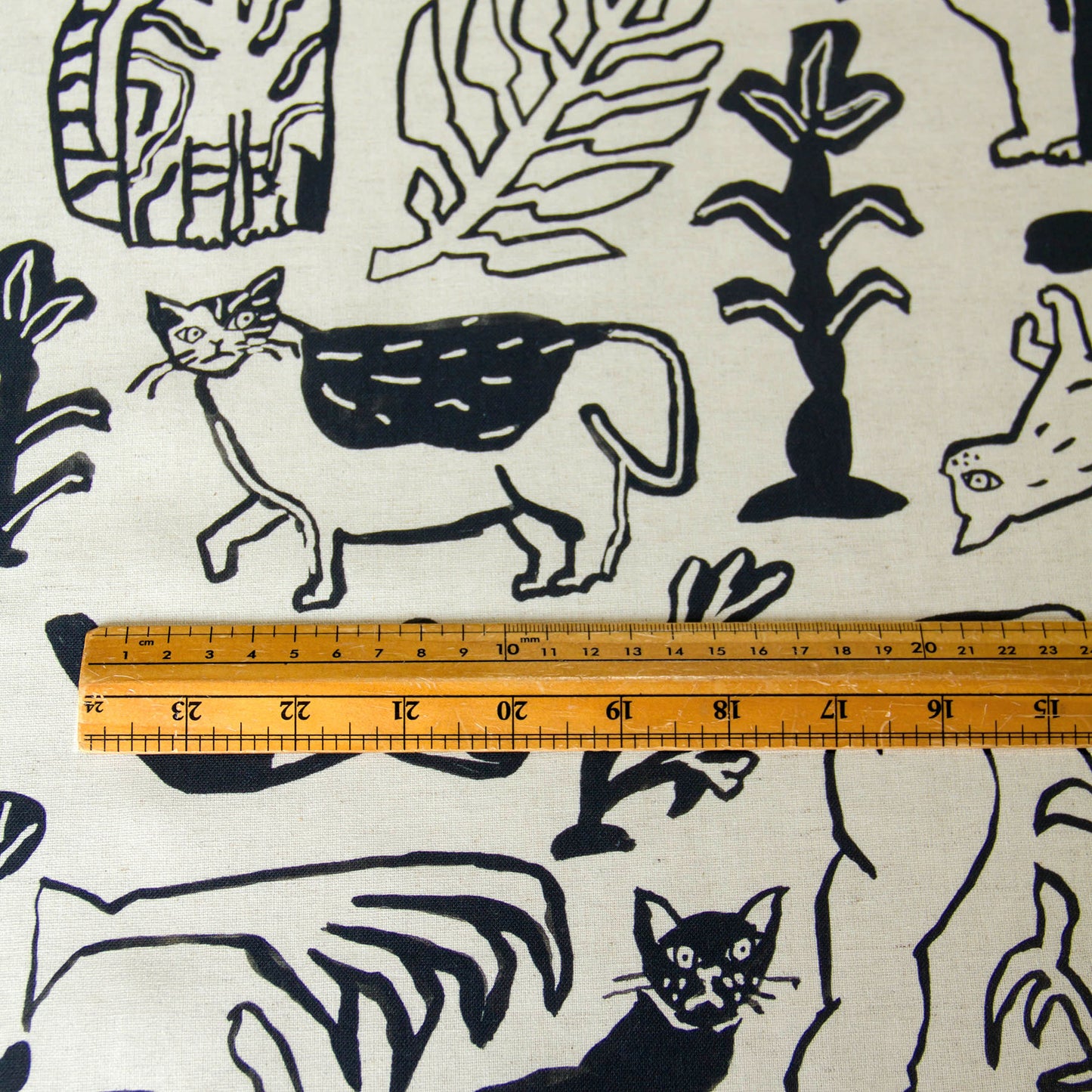 NekoNoe Cotton Linen Fabric Abstract Sketch Cats Plant Pattern Natural by the Yard