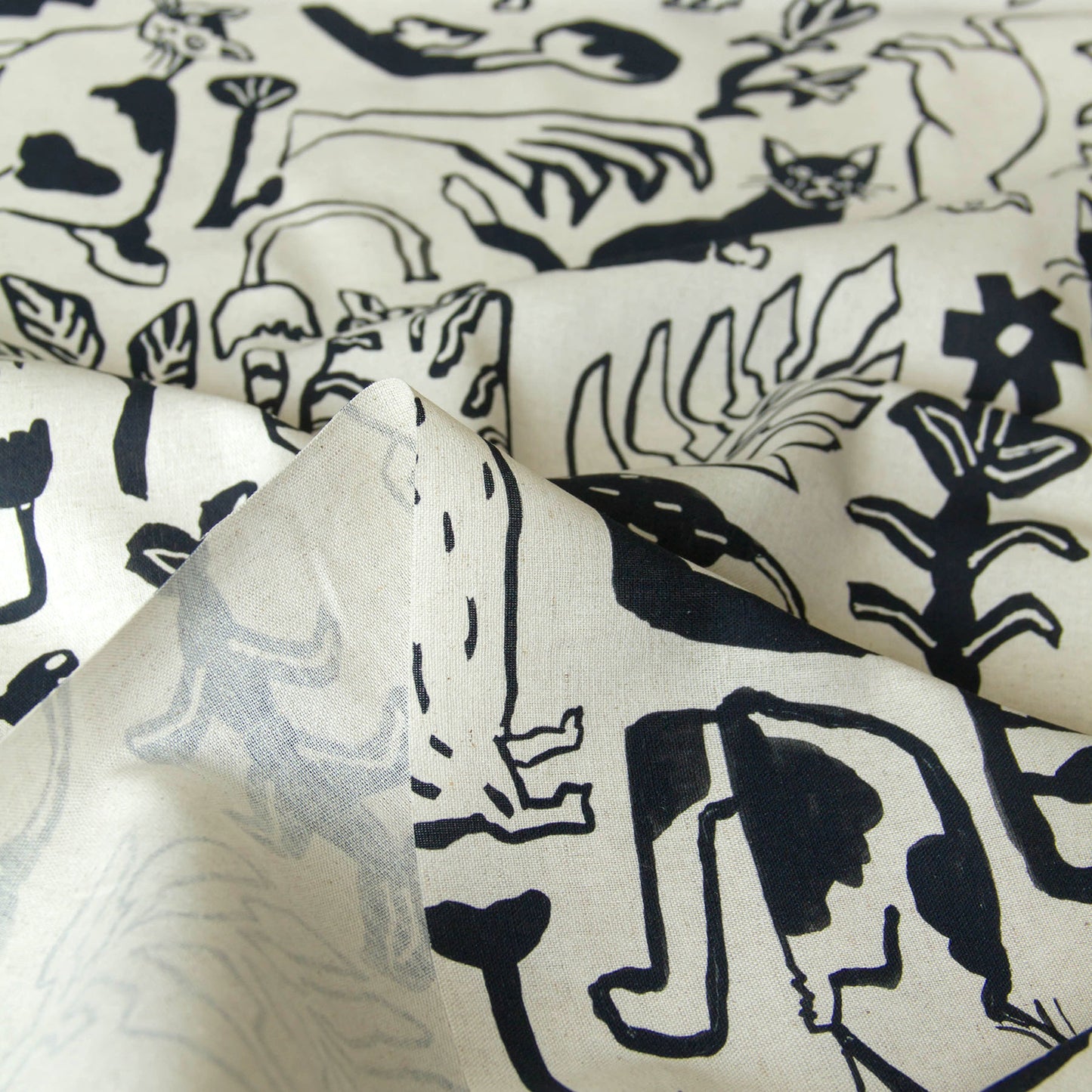NekoNoe Cotton Linen Fabric Abstract Sketch Cats Plant Pattern Natural by the Yard