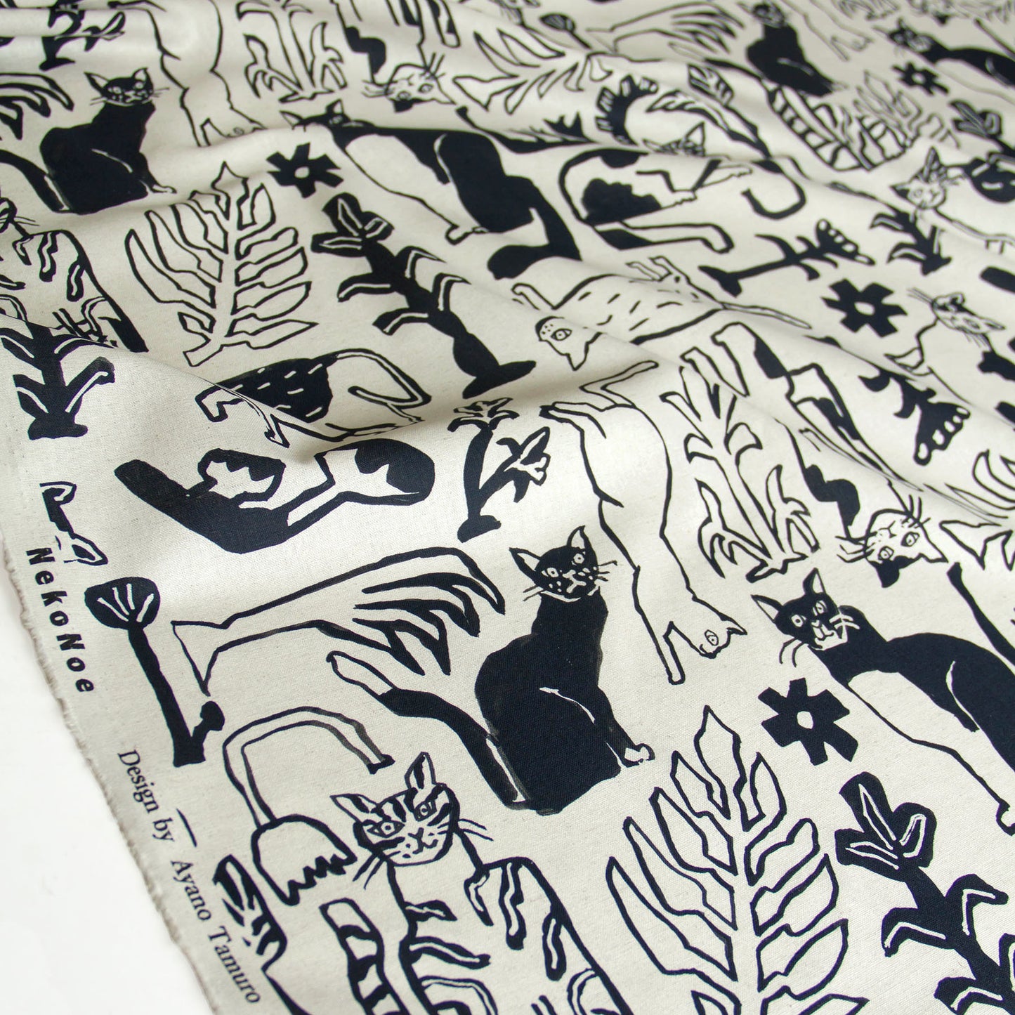 NekoNoe Cotton Linen Fabric Abstract Sketch Cats Plant Pattern Natural by the Yard