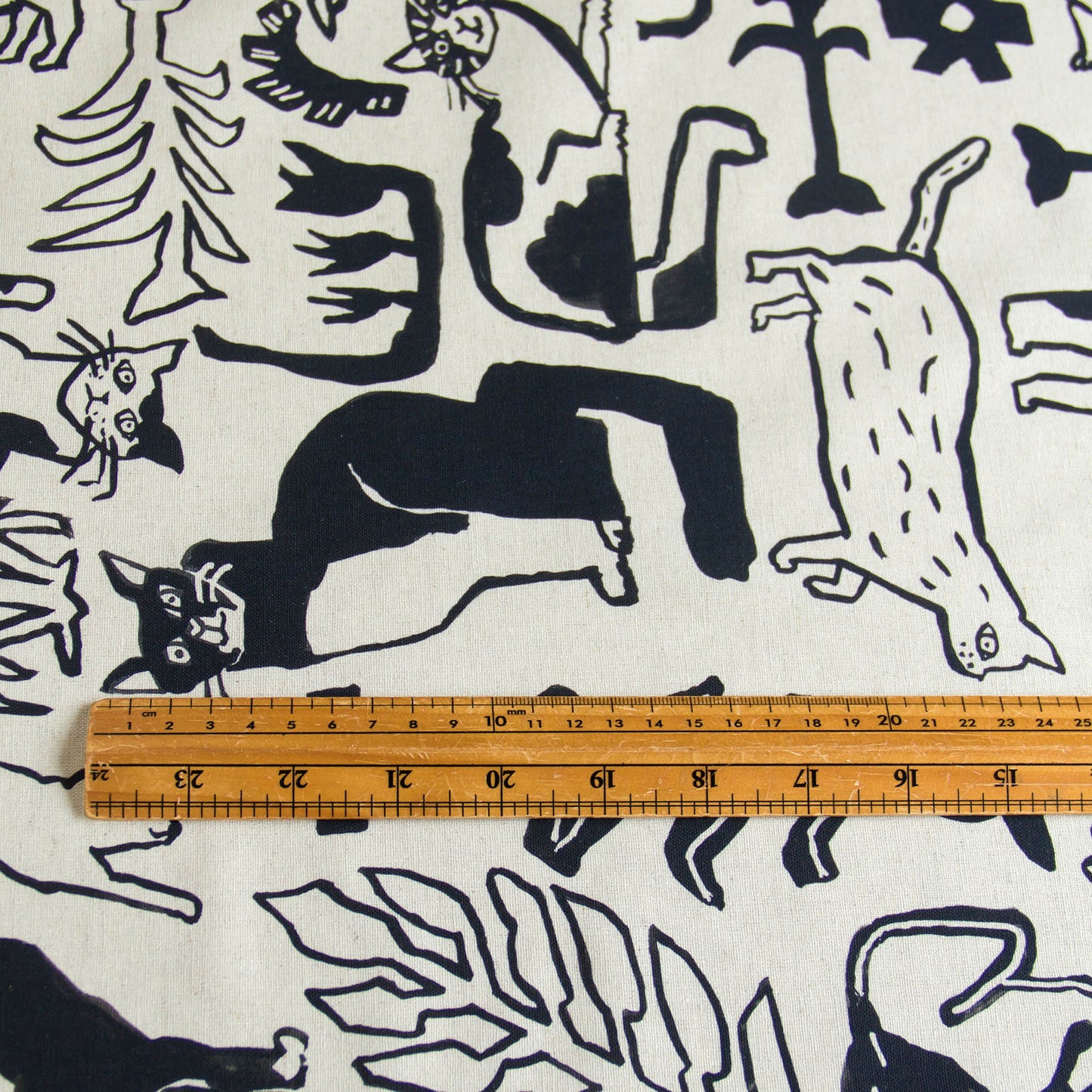 NekoNoe Cotton Linen Fabric Abstract Sketch Cats Plant Pattern Natural by the Yard