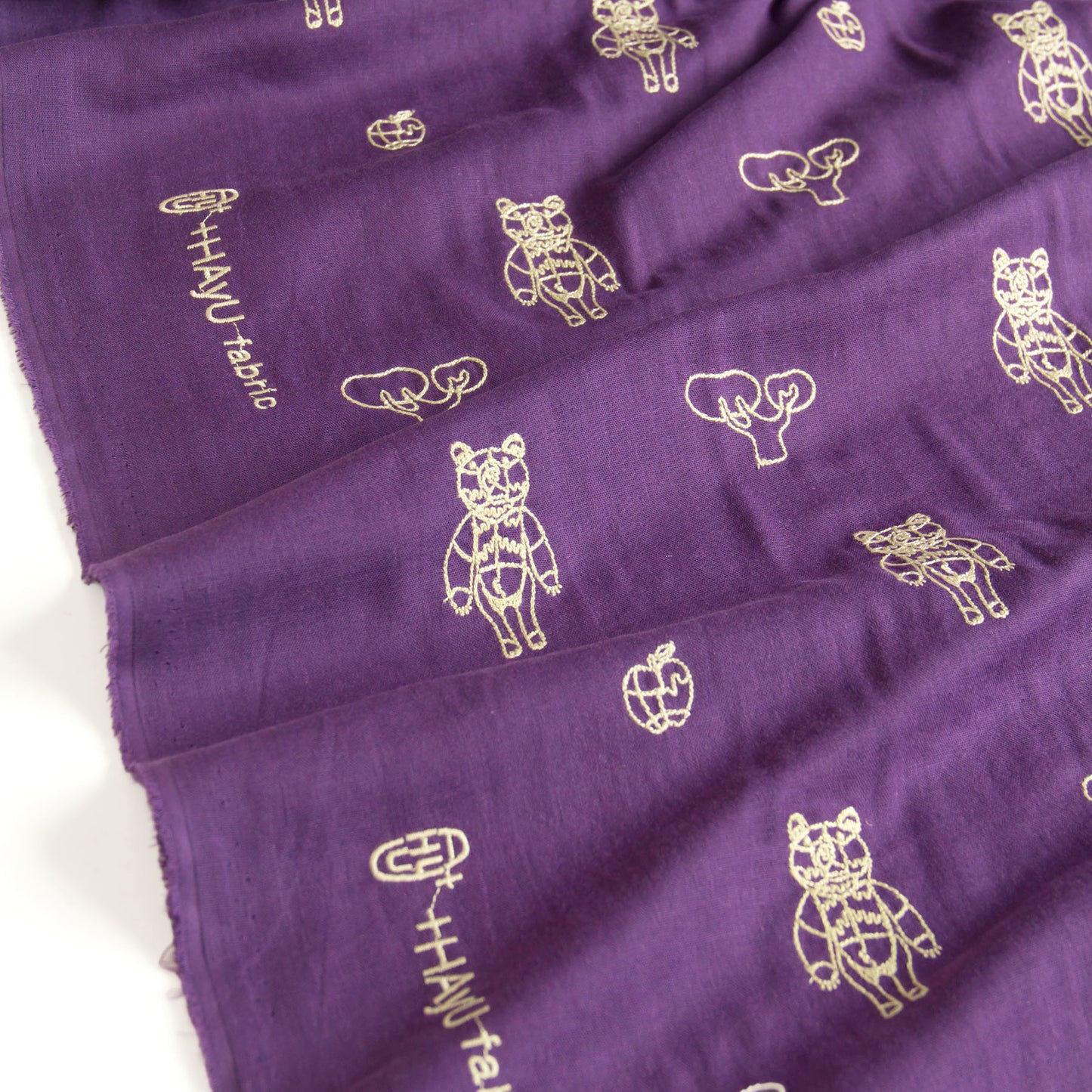 Japanese＋HAyU Double Gauze Cotton Fabric Bear Embroidery Purple by the Yard