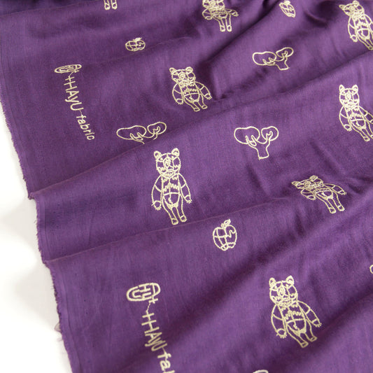 Japanese＋HAyU Double Gauze Cotton Fabric Bear Embroidery Purple by the Yard