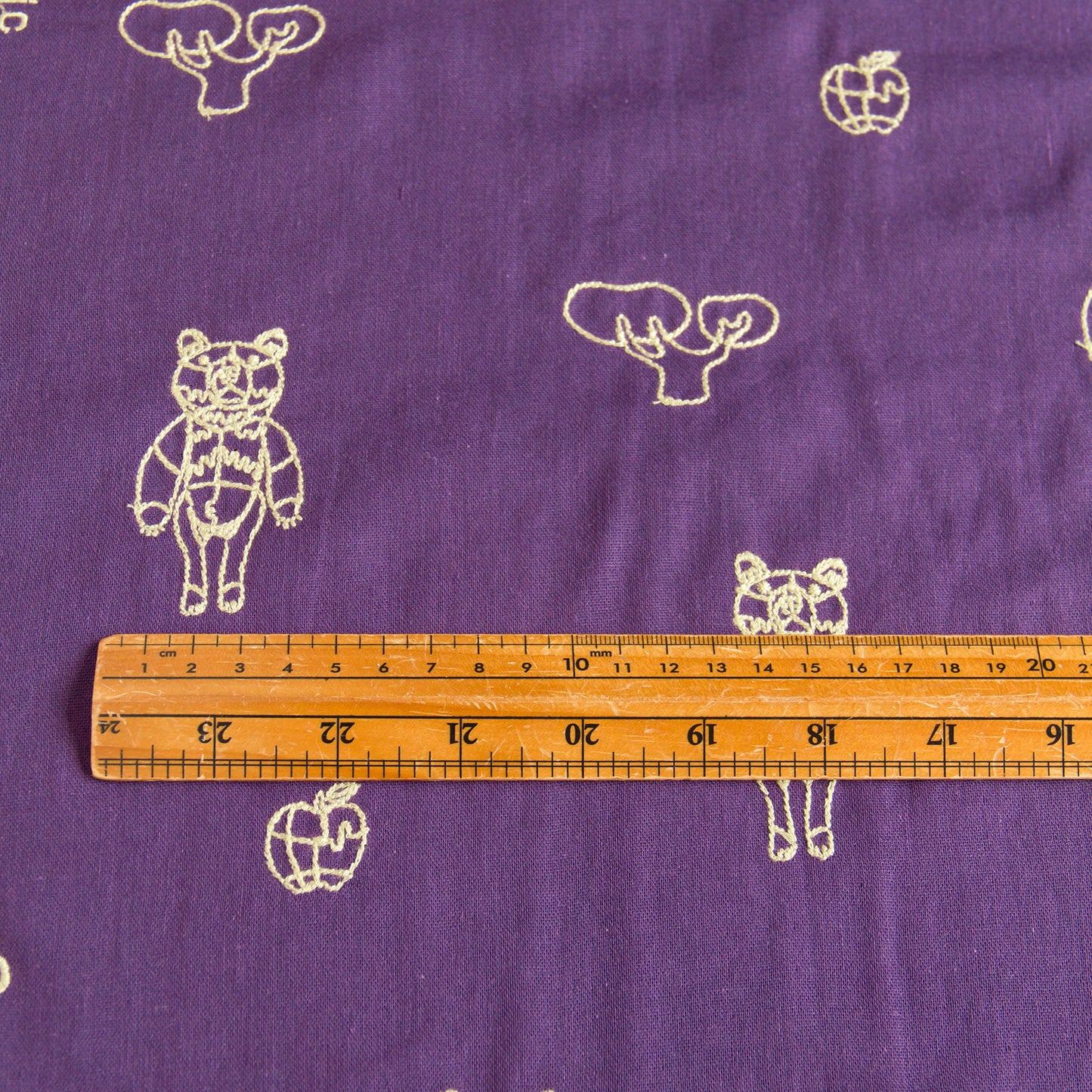 Japanese＋HAyU Double Gauze Cotton Fabric Bear Embroidery Purple by the Yard