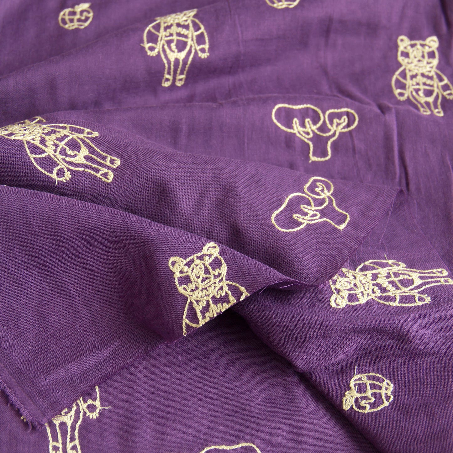 Japanese＋HAyU Double Gauze Cotton Fabric Bear Embroidery Purple by the Yard