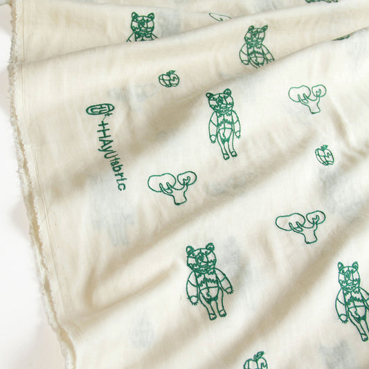 Japanese＋HAyU Double Gauze Cotton Fabric Bear Embroidery Vanilla by the Yard