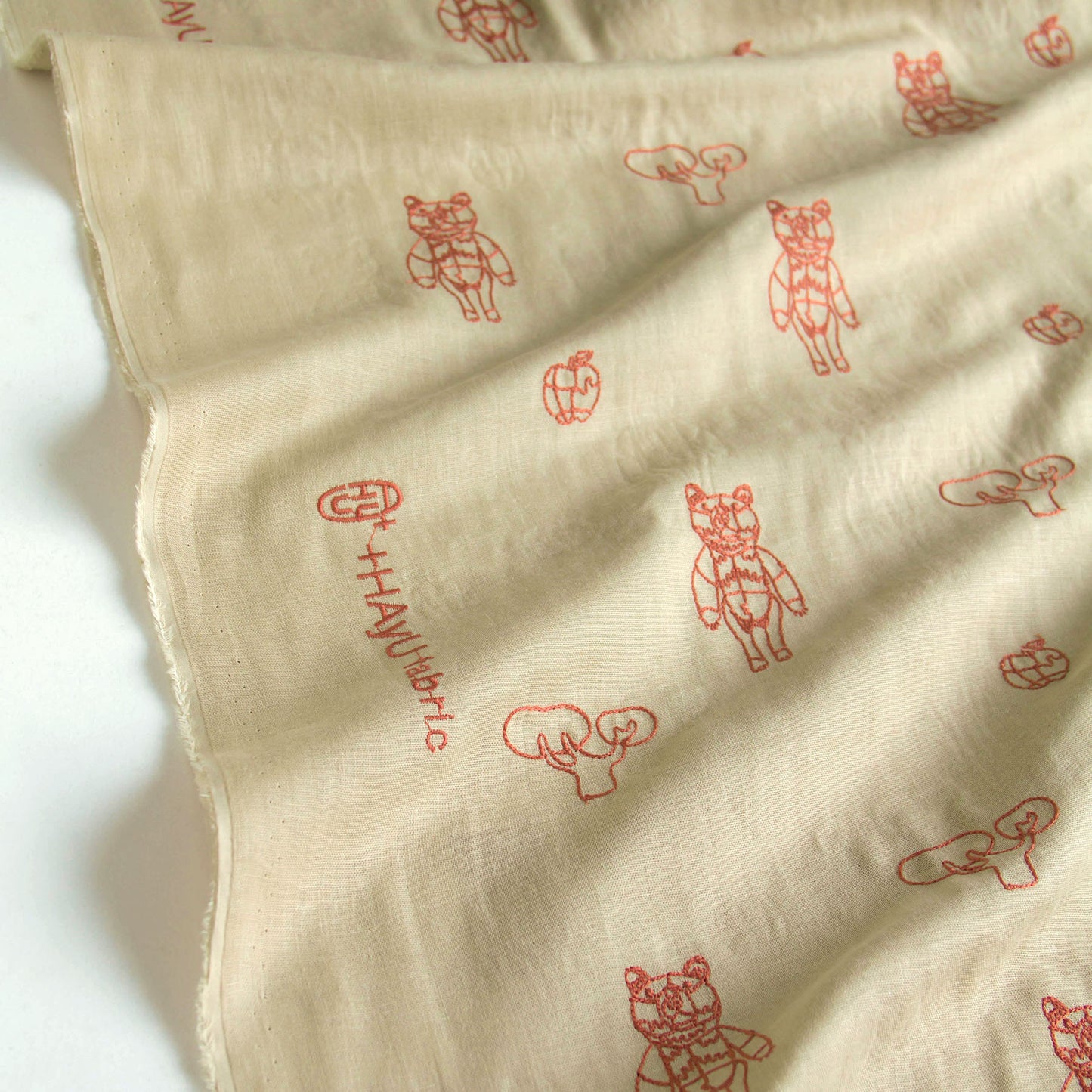 Japanese＋HAyU Double Gauze Cotton Fabric Bear Embroidery khaki by the Yard