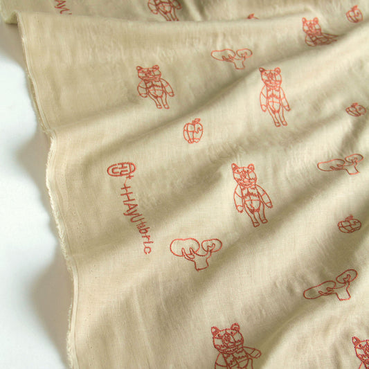 Japanese＋HAyU Double Gauze Cotton Fabric Bear Embroidery khaki by the Yard