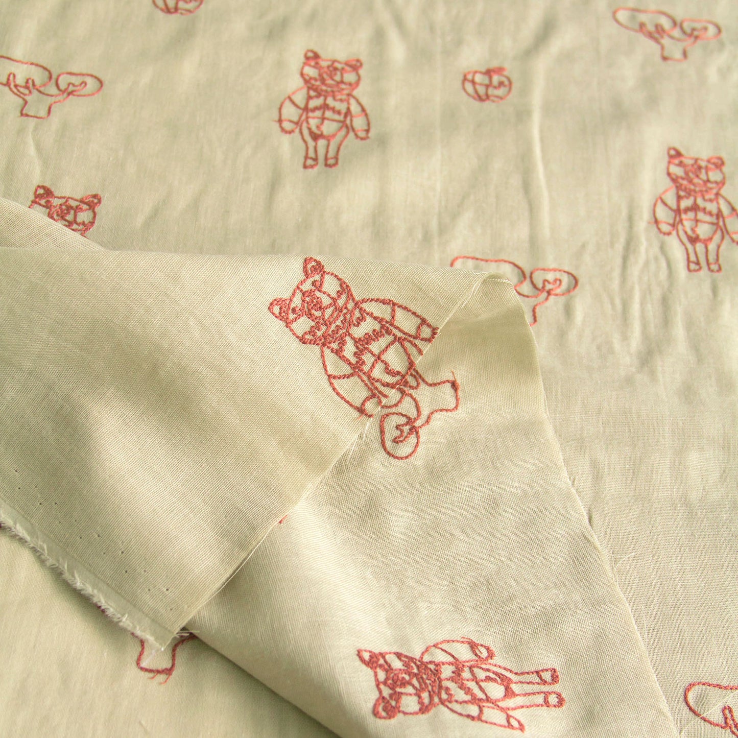 Japanese＋HAyU Double Gauze Cotton Fabric Bear Embroidery khaki by the Yard