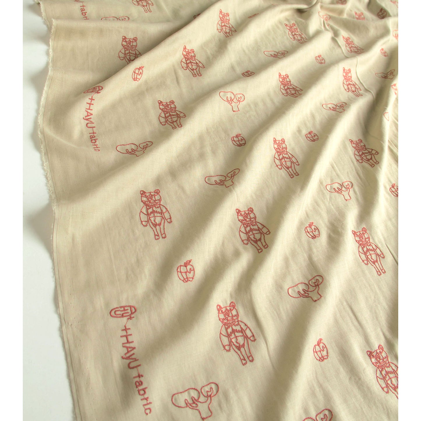 Japanese＋HAyU Double Gauze Cotton Fabric Bear Embroidery khaki by the Yard