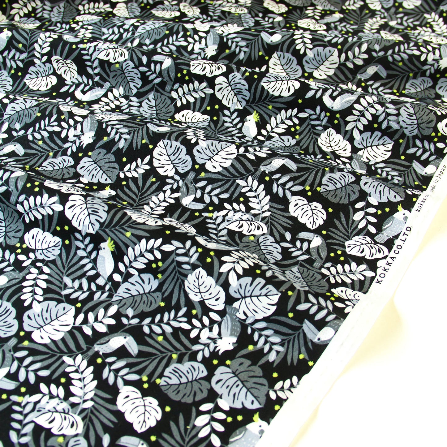 Vintage Jungle Bird Tropical Foliage Print Cotton Fabric Black by the Yard