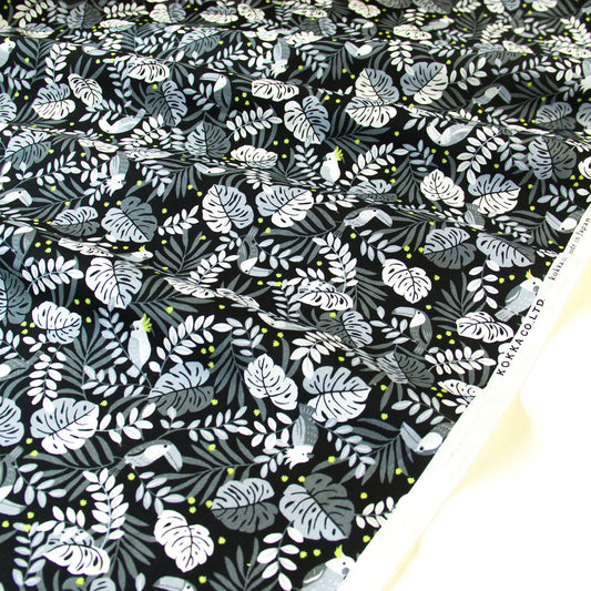 Vintage Jungle Bird Tropical Foliage Print Cotton Fabric Black by the Yard