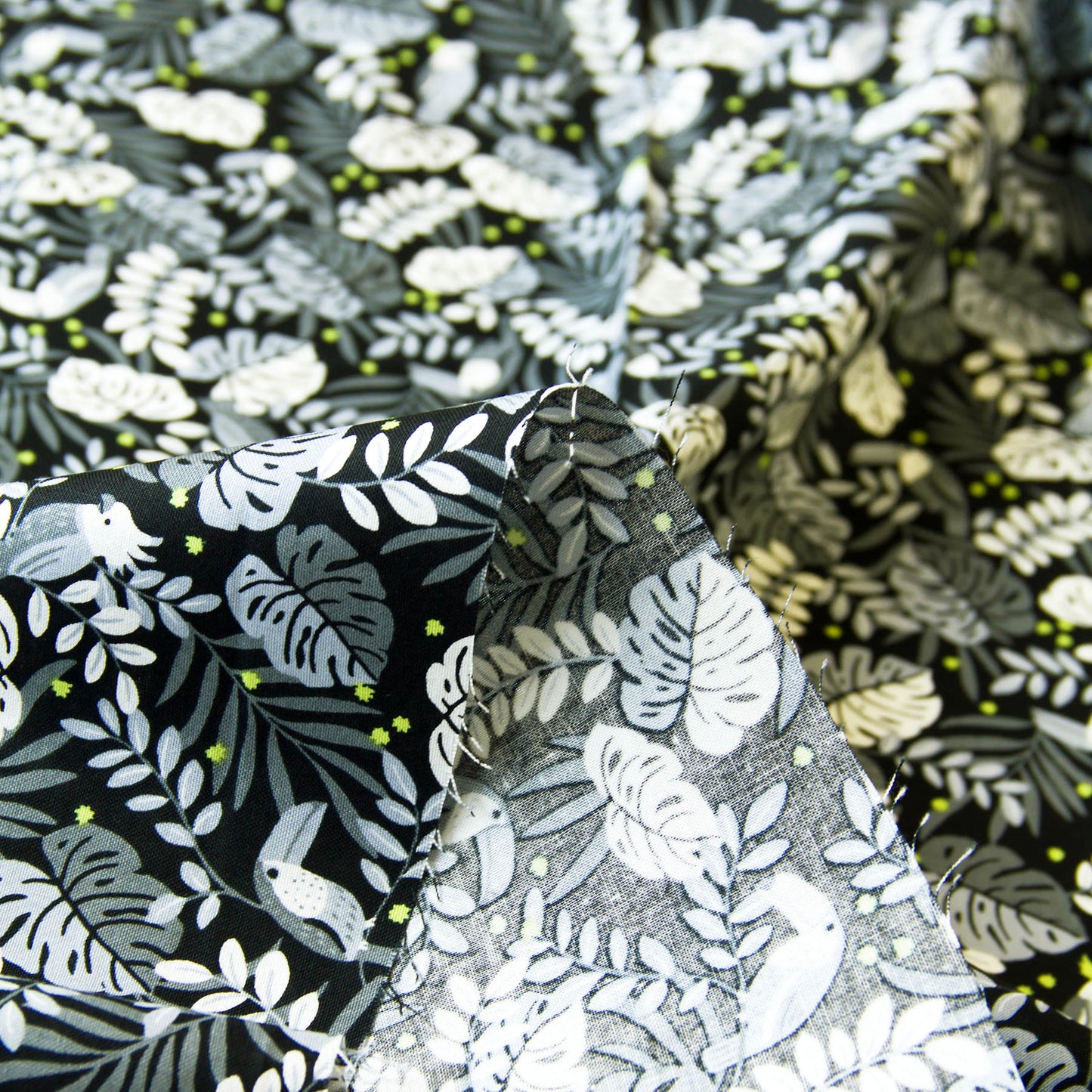 Vintage Jungle Bird Tropical Foliage Print Cotton Fabric Black by the Yard