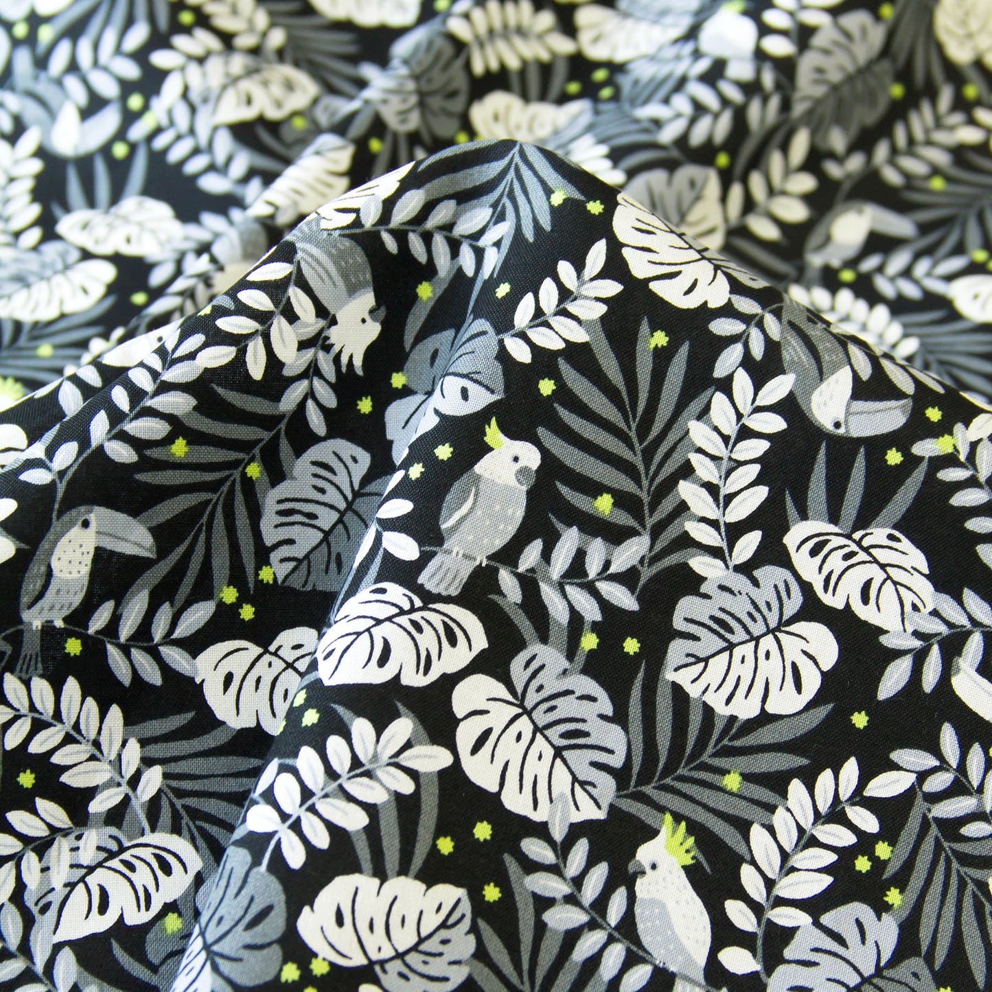 Vintage Jungle Bird Tropical Foliage Print Cotton Fabric Black by the Yard