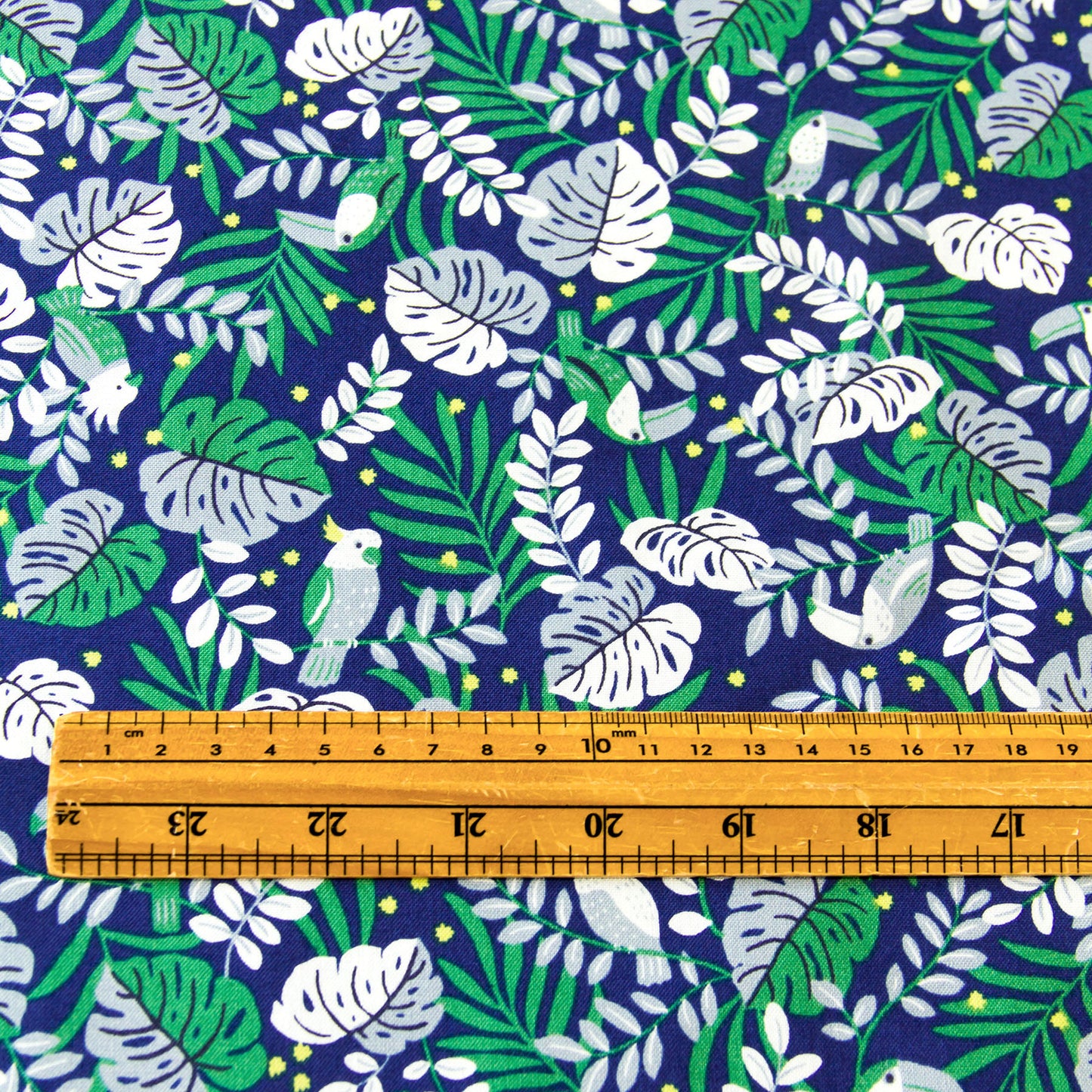 Vintage Jungle Bird Tropical Foliage Print Cotton Fabric Dark Blue by the Yard