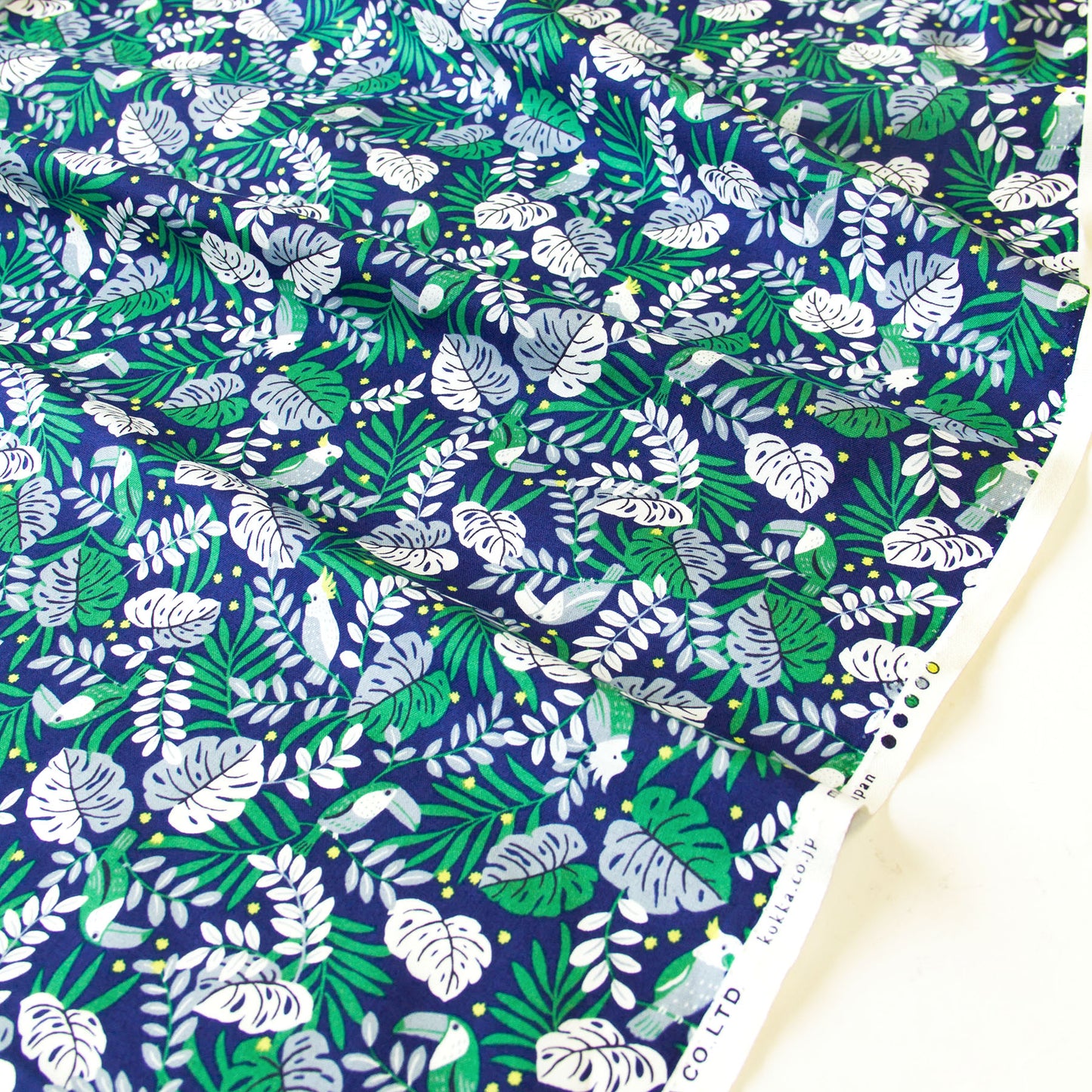 Vintage Jungle Bird Tropical Foliage Print Cotton Fabric Dark Blue by the Yard