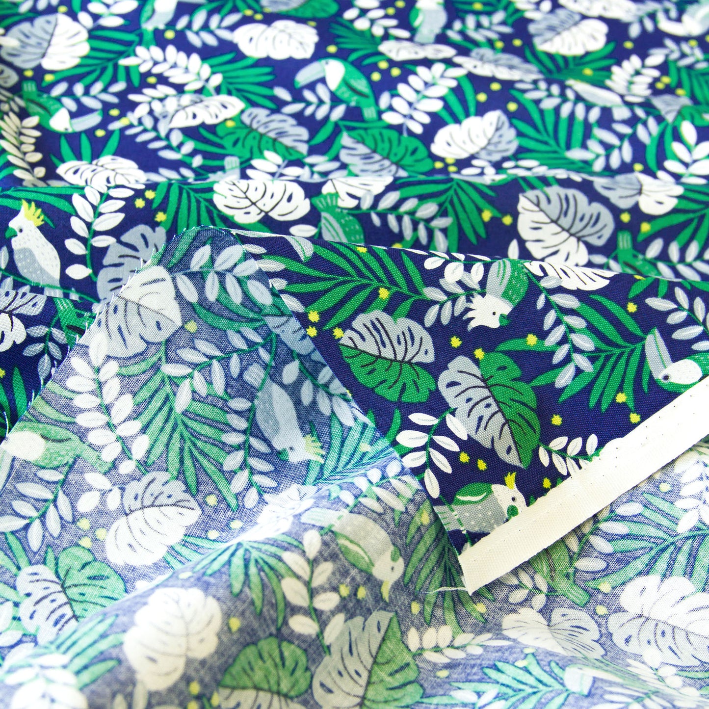Vintage Jungle Bird Tropical Foliage Print Cotton Fabric Dark Blue by the Yard