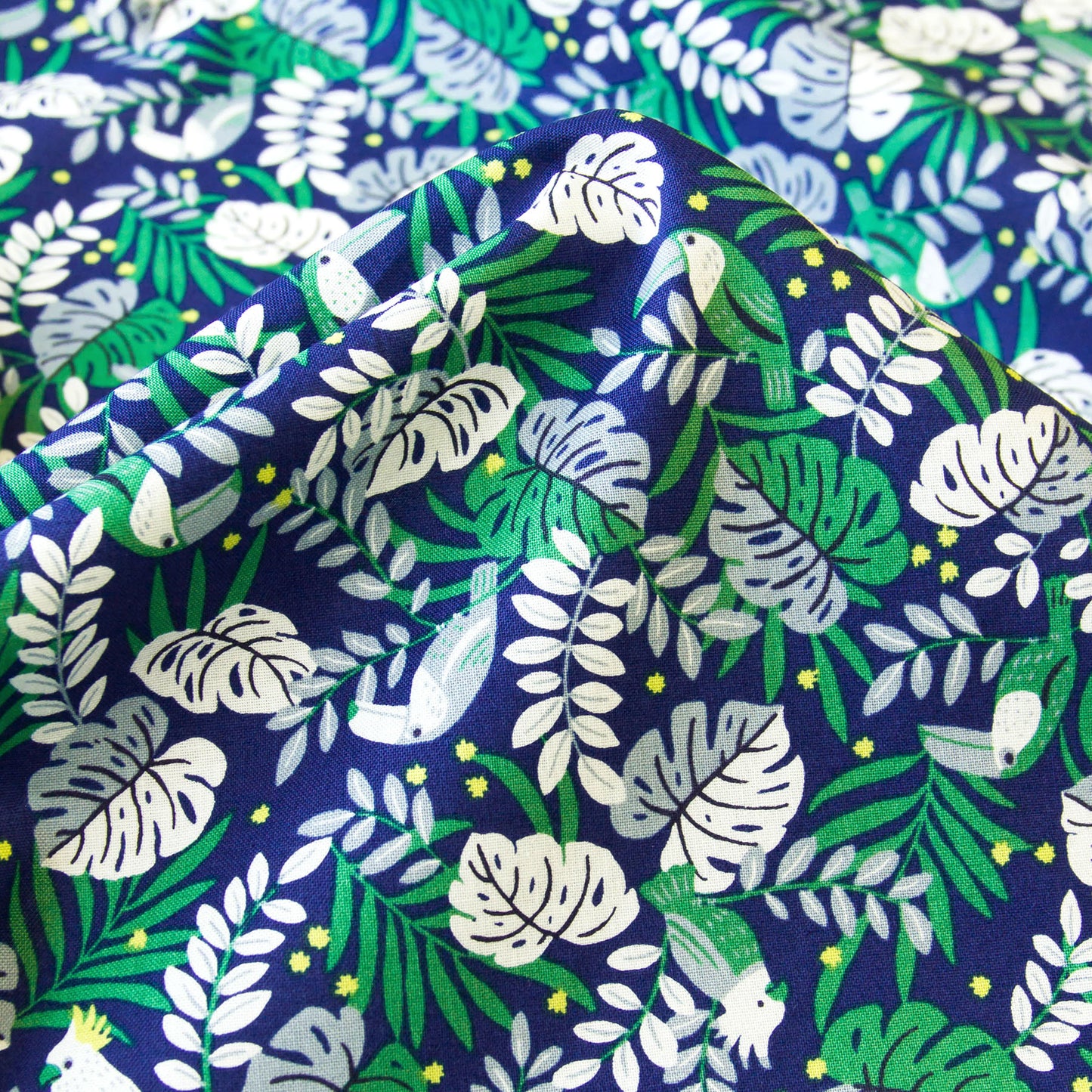 Vintage Jungle Bird Tropical Foliage Print Cotton Fabric Dark Blue by the Yard