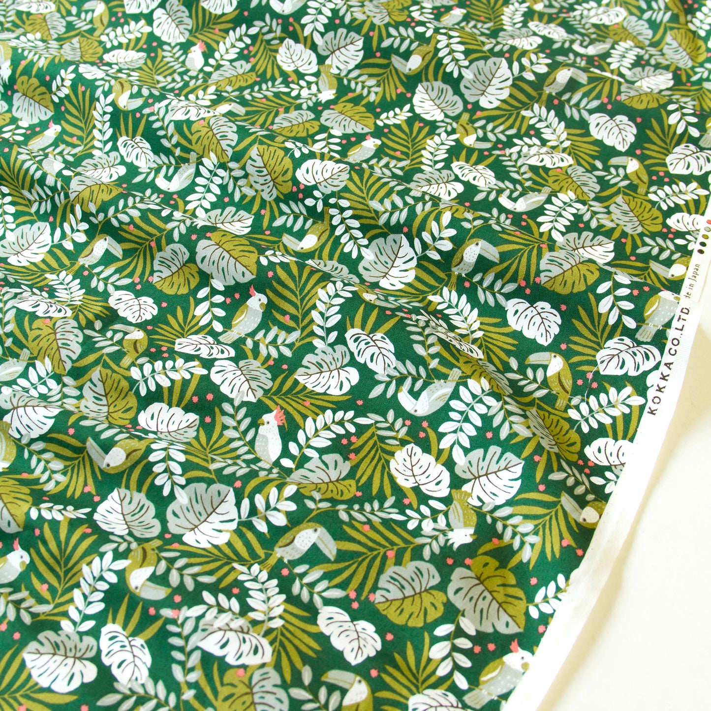 Vintage Jungle Bird Tropical Foliage Print Cotton Fabric Dark Green by the Yard