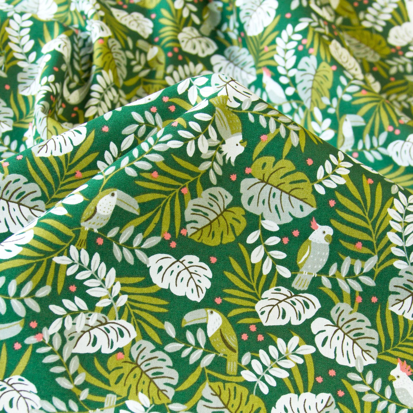 Vintage Jungle Bird Tropical Foliage Print Cotton Fabric Dark Green by the Yard