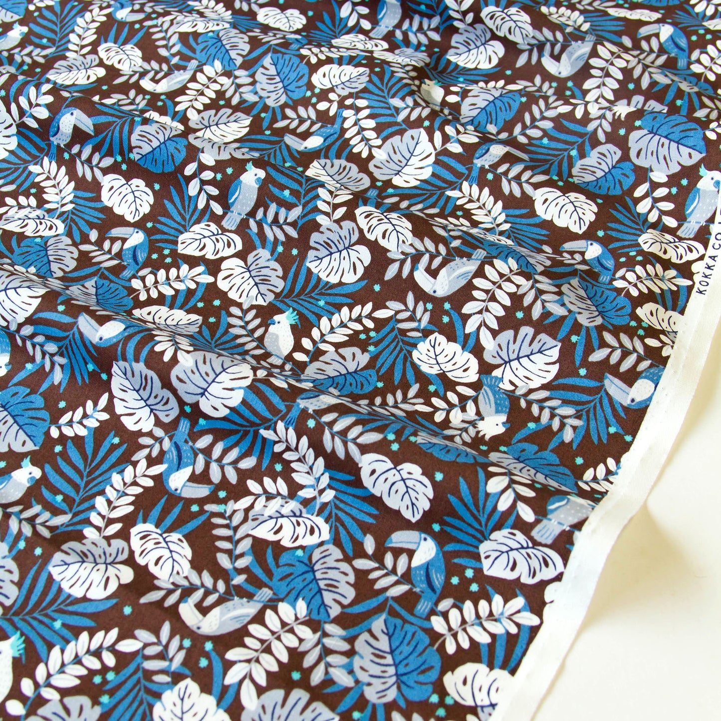 Vintage Jungle Bird Tropical Foliage Print Cotton Fabric Dark Brown by the Yard