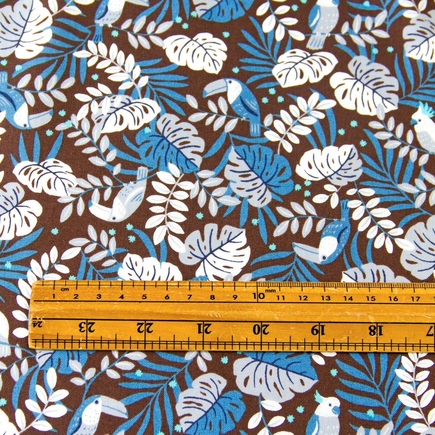 Vintage Jungle Bird Tropical Foliage Print Cotton Fabric Dark Brown by the Yard