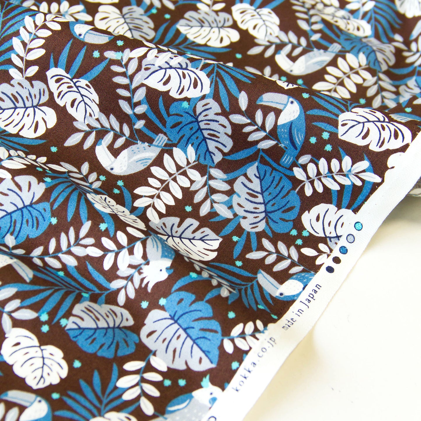 Vintage Jungle Bird Tropical Foliage Print Cotton Fabric Dark Brown by the Yard