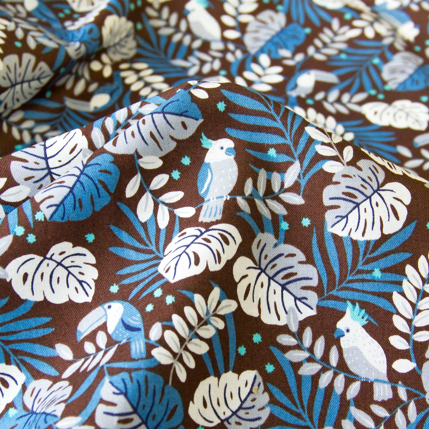 Vintage Jungle Bird Tropical Foliage Print Cotton Fabric Dark Brown by the Yard