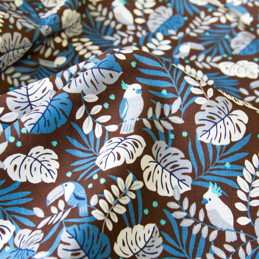 Vintage Jungle Bird Tropical Foliage Print Cotton Fabric Dark Brown by the Yard