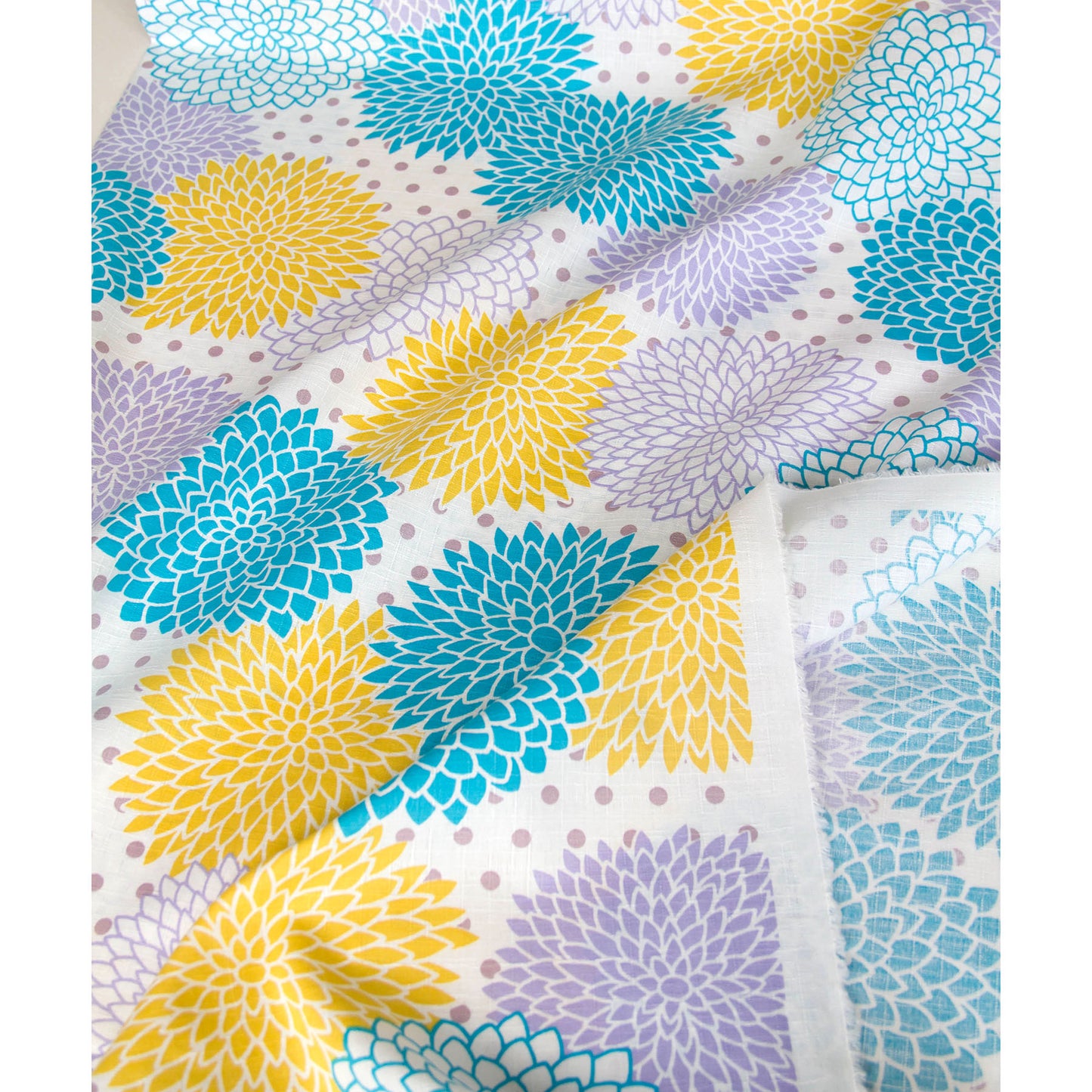 Vibrant Dahlia Flower Print Dobby Cotton Fabric White by the Yard