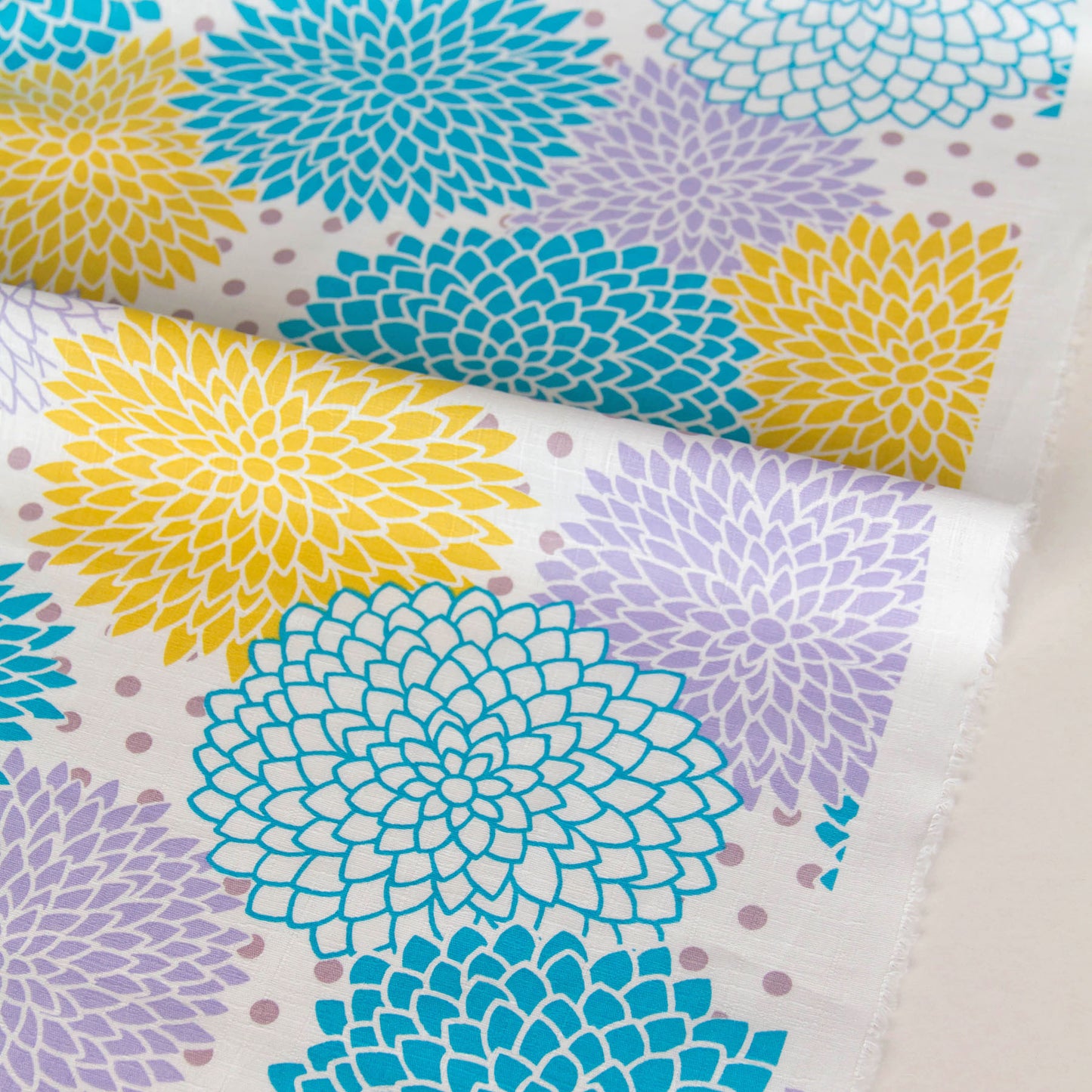 Vibrant Dahlia Flower Print Dobby Cotton Fabric White by the Yard