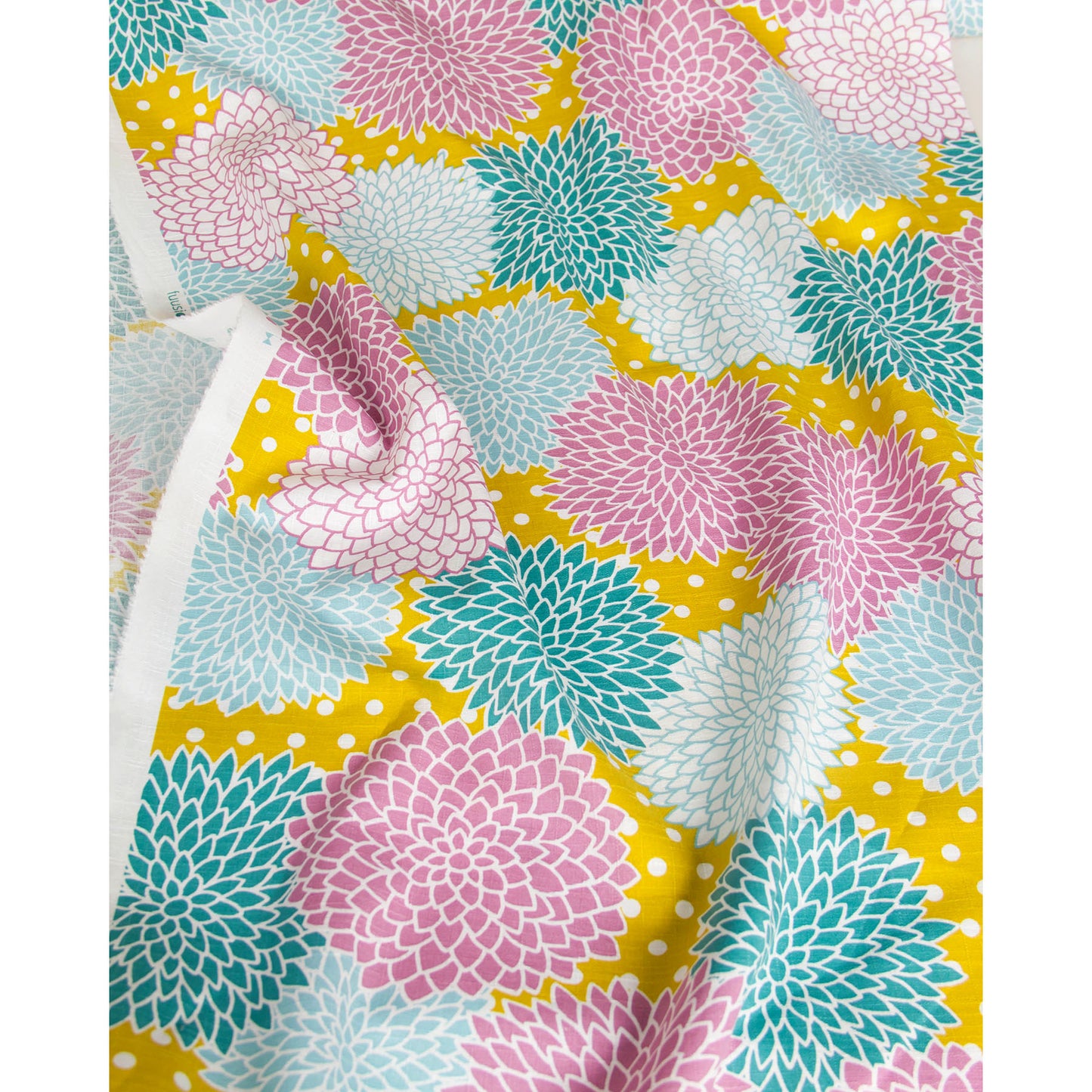 Vibrant Dahlia Flower Print Dobby Cotton Fabric Yellow by the Yard