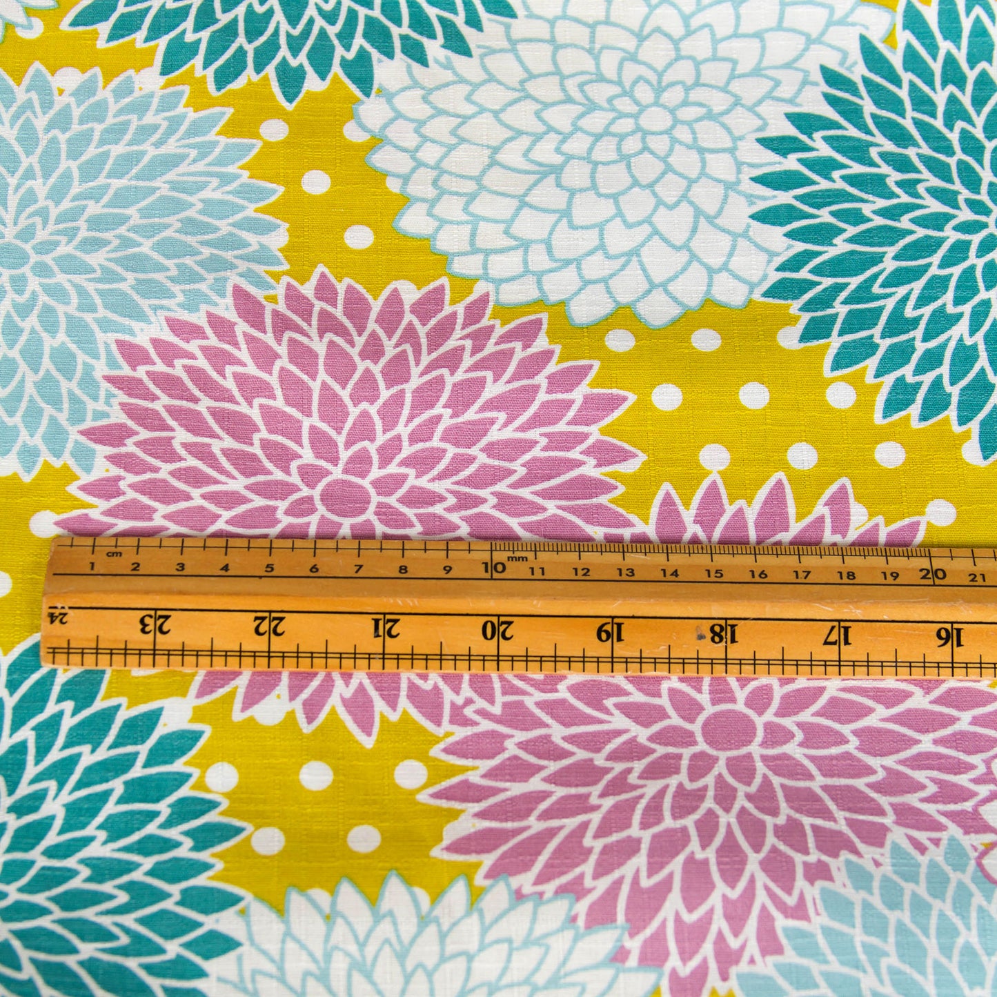 Vibrant Dahlia Flower Print Dobby Cotton Fabric Yellow by the Yard