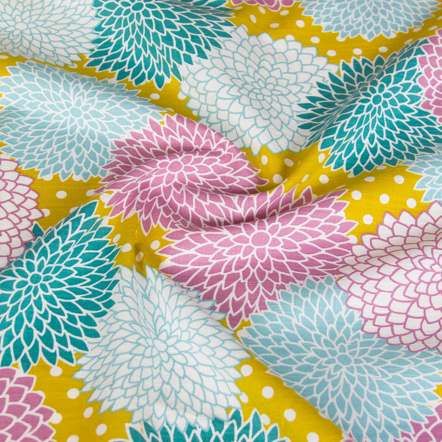 Vibrant Dahlia Flower Print Dobby Cotton Fabric Yellow by the Yard