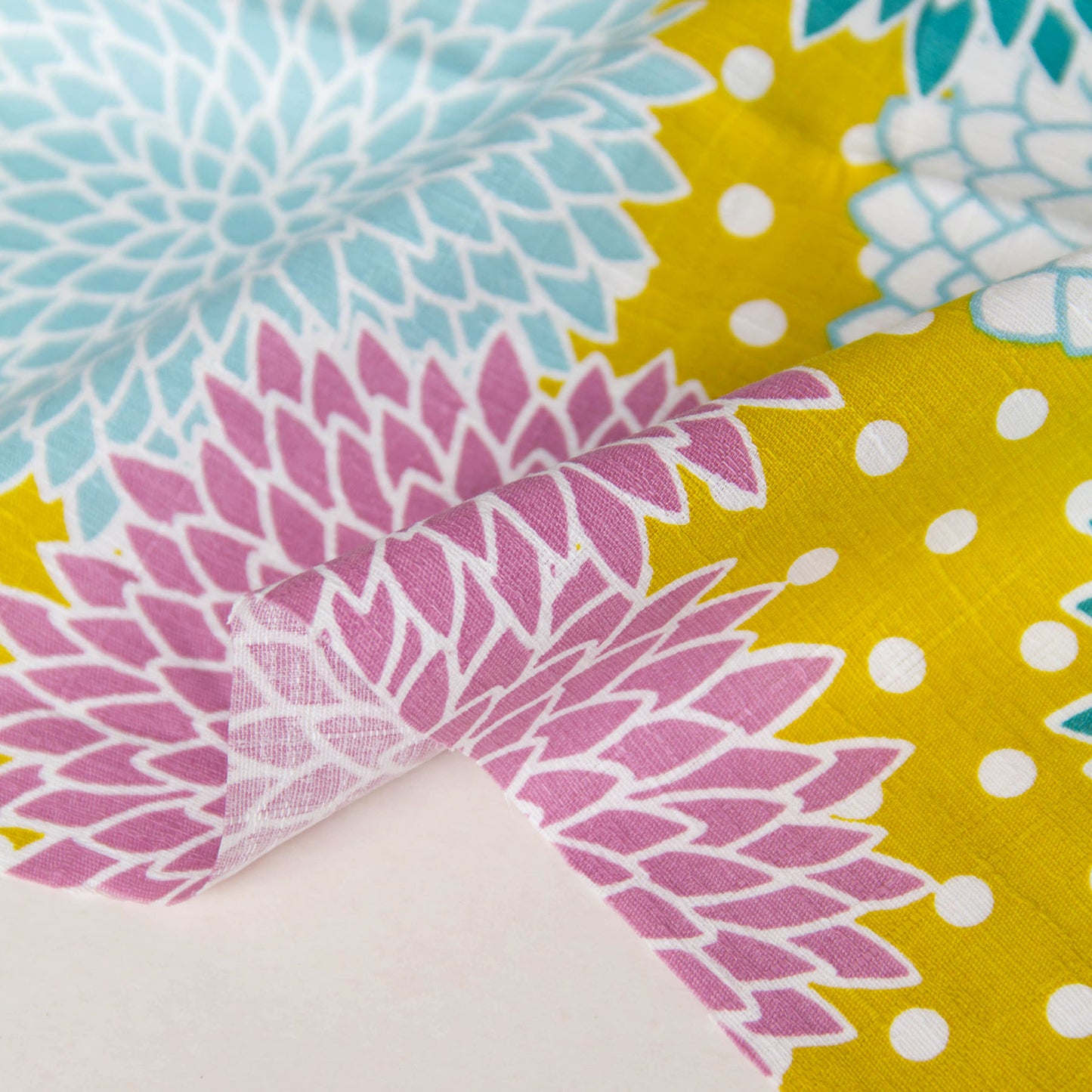Vibrant Dahlia Flower Print Dobby Cotton Fabric Yellow by the Yard