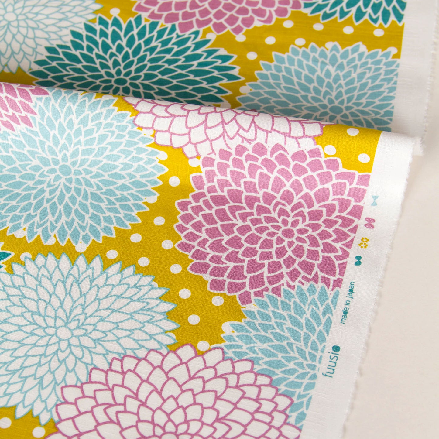 Vibrant Dahlia Flower Print Dobby Cotton Fabric Yellow by the Yard