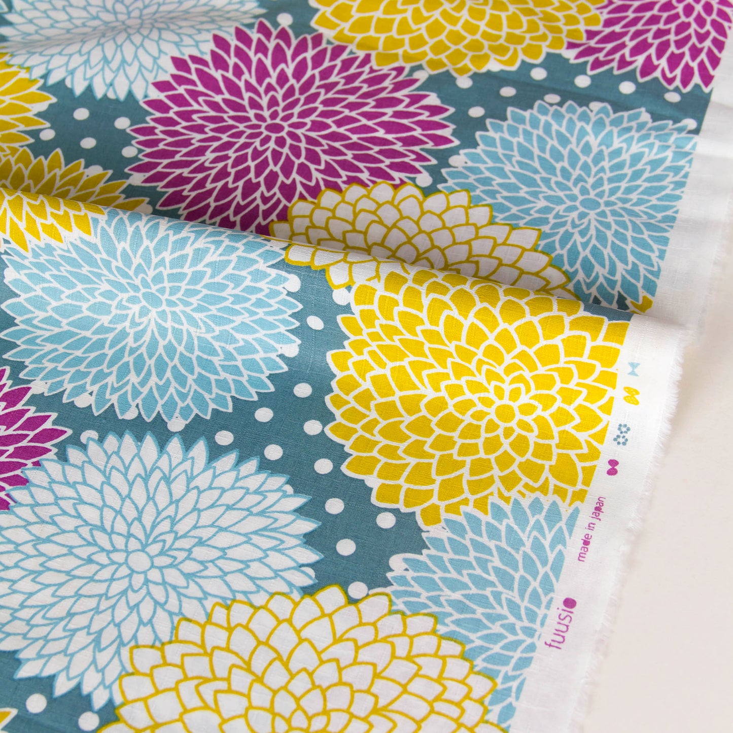 Vibrant Dahlia Flower Print Dobby Cotton Fabric Teal by the Yard