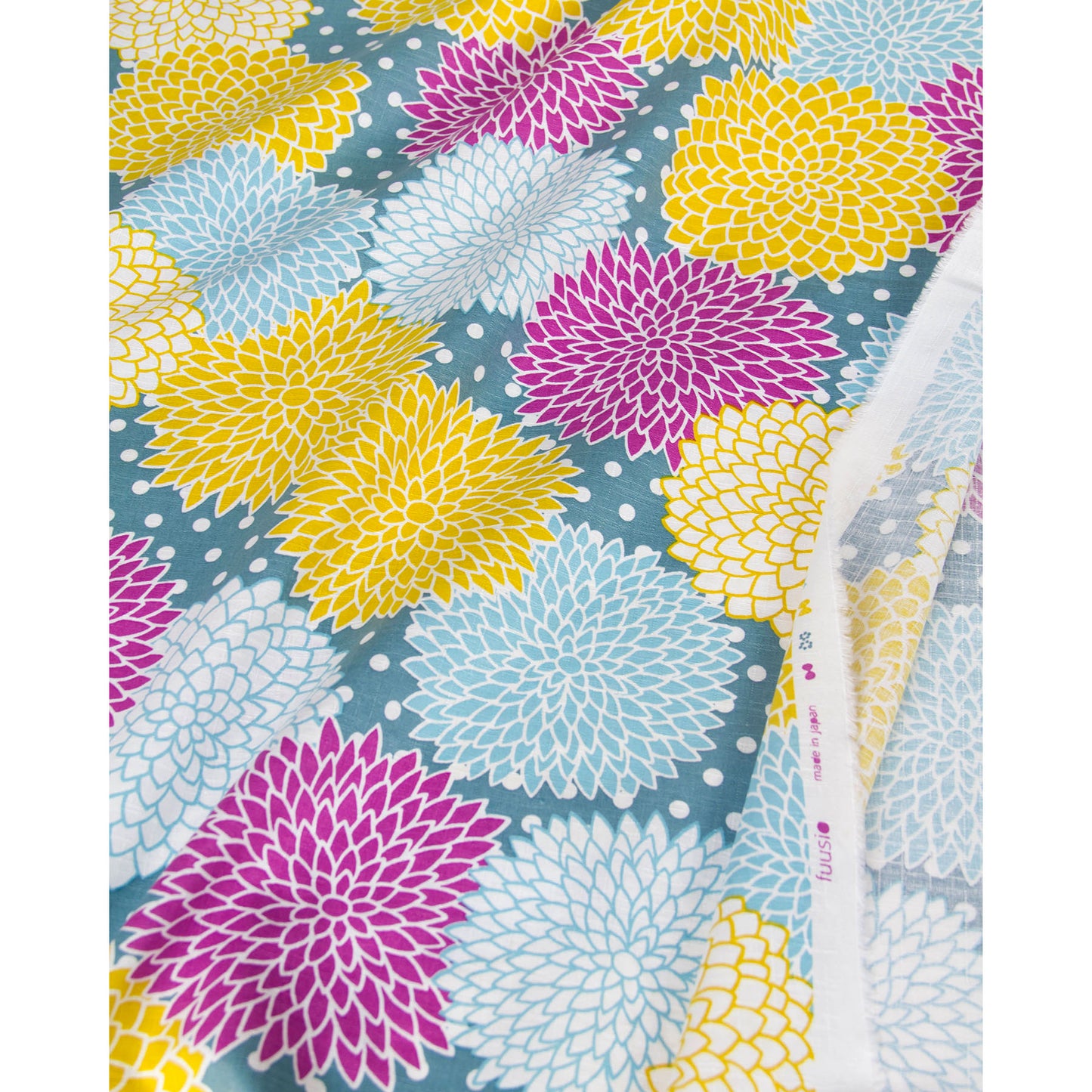 Vibrant Dahlia Flower Print Dobby Cotton Fabric Teal by the Yard