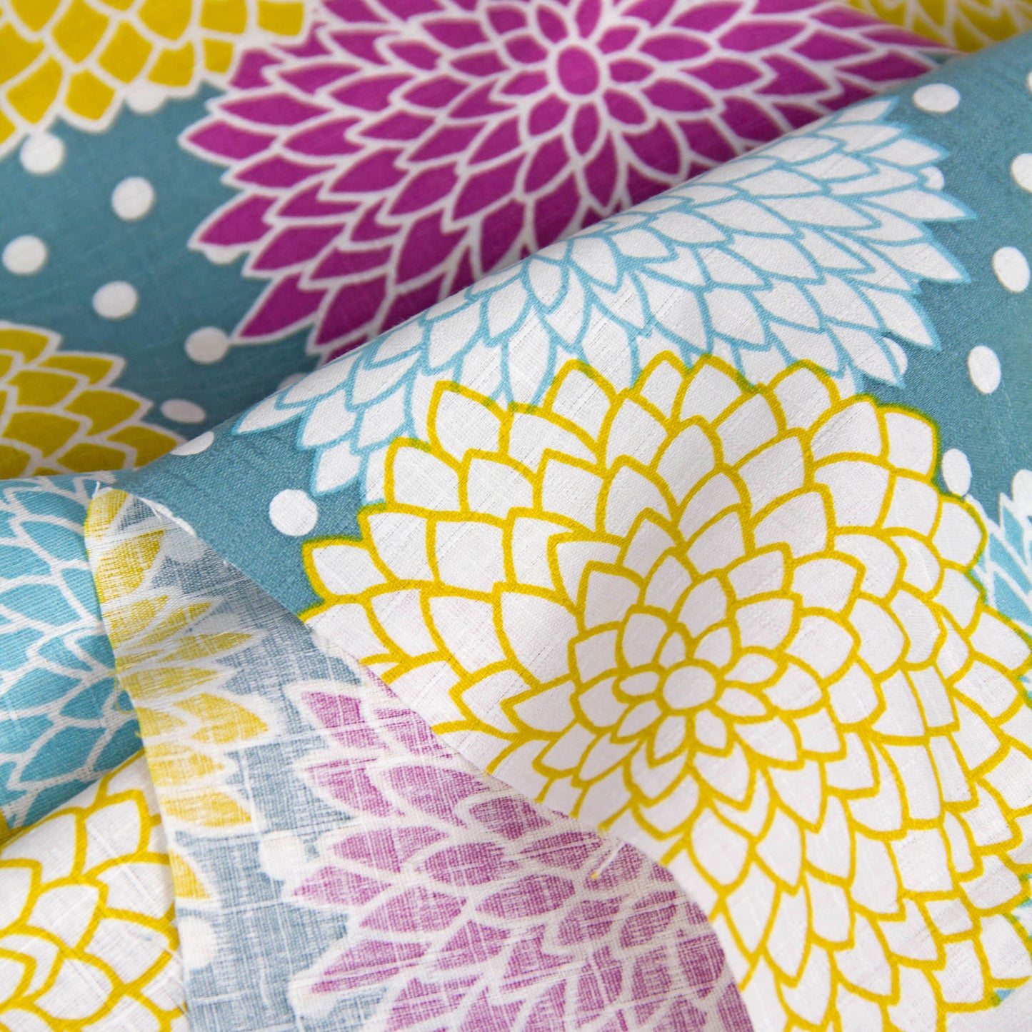 Vibrant Dahlia Flower Print Dobby Cotton Fabric Teal by the Yard